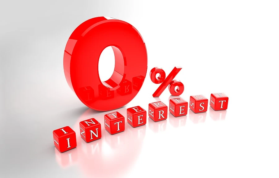 Zero Percent Interest 3D Letters “0% Interest” spelled in red blocks with white letters on them